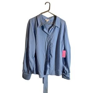 Riley & Rae Camille Blouze Top Women's Size XXL Icy Blue Tie Neck Core Bow NEW